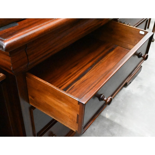 152 - A modern stained hardwood chest with eight drawers, turned handles and low bracket feet, 150 x 55 x ... 