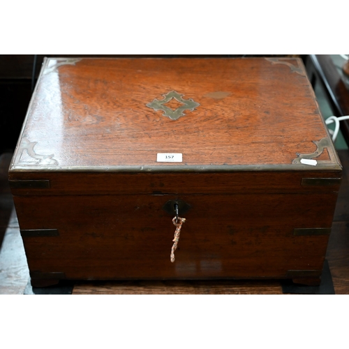 157 - A teak, brass mounted and camphor-lined campaign-style trunk with fitted interior c/w key, 50 x 35 x... 