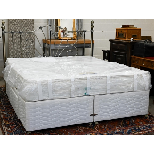 160 - A super king divan bed with Dream's Solstice medium firm mattress and metal headboard, appears littl... 