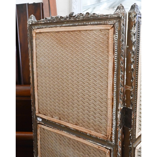 162 - A French Louis XVI style gilt framed three panel folding screen, 118 cm wide x 150 cm high