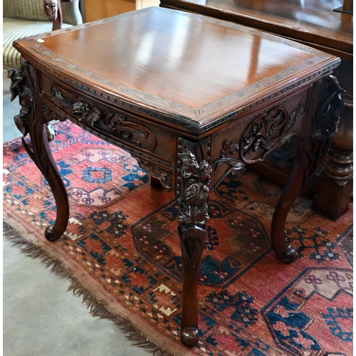 175 - A floral and foliate carved hardwood side table with frieze drawer and cabriole supports, 75 x 65 x ... 