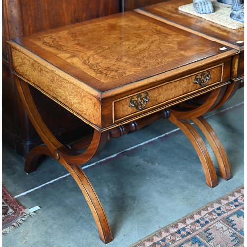 178 - Iain James - pair of burr walnut crossbanded lamp tables, each with single drawer on shaped supports... 