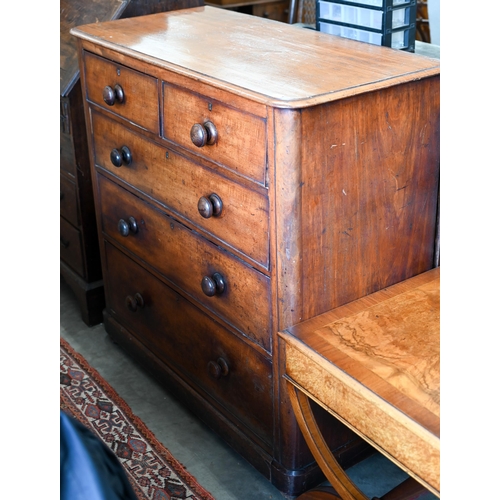 179 - A 19th century mahogany chest of two short over three long drawers with turned handles, 106 cm wide ... 