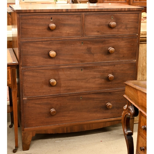 184 - A large 19th century mahogany chest of two short over three long drawers on splayed bracket feet, 10... 