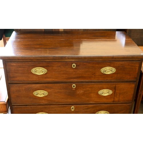 186 - A 19th century mahogany chest of three long graduating drawers on splayed bracket feet, 110 x 55 x 1... 