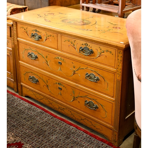 193 - A 19th century satinwood chest of two short over two long drawers painted with classical garlands in... 