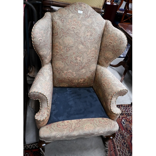 211 - # A Georgian style wingback armchair in William Morris style fabric (foam cushion removed)