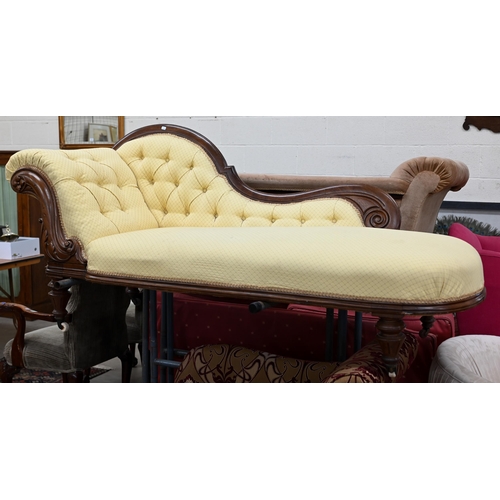 213 - A Victorian mahogany scroll-end chaise-longue, lattice patterned yellow button-back upholstery, appr... 