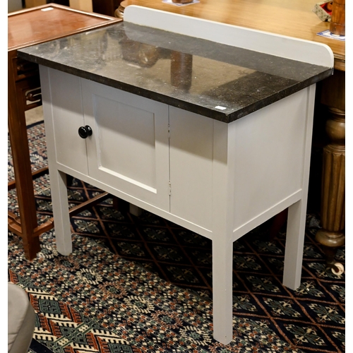 219 - French grey painted washstand with granite top over panelled cupboard, 76 cm wide x 43 cm deep x 72 ... 