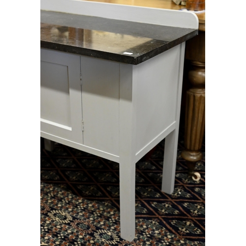 219 - French grey painted washstand with granite top over panelled cupboard, 76 cm wide x 43 cm deep x 72 ... 