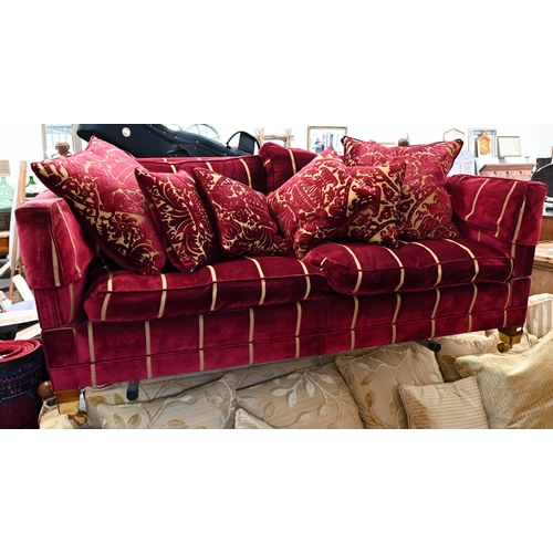 224 - A Duresta Trafalgar/Knole drop arm sofa with burgundy and gold striped fabric on hardwood supports w... 