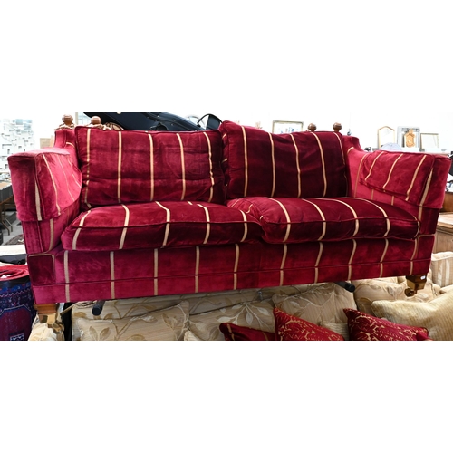 224 - A Duresta Trafalgar/Knole drop arm sofa with burgundy and gold striped fabric on hardwood supports w... 