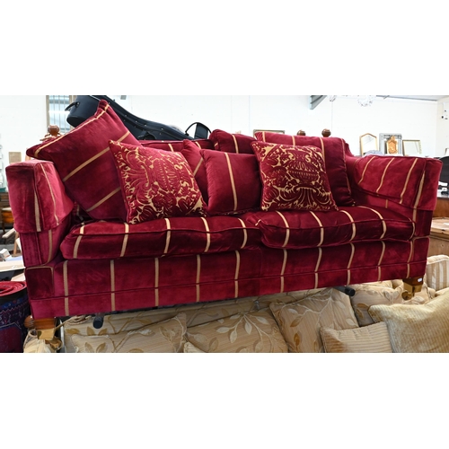 224 - A Duresta Trafalgar/Knole drop arm sofa with burgundy and gold striped fabric on hardwood supports w... 