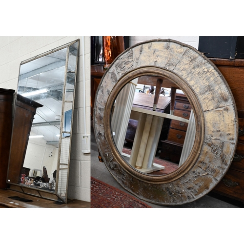 227 - A large circular wall mirror in gilt faux-bois frame, 120 cm diam to/w another modern cushion frame ... 