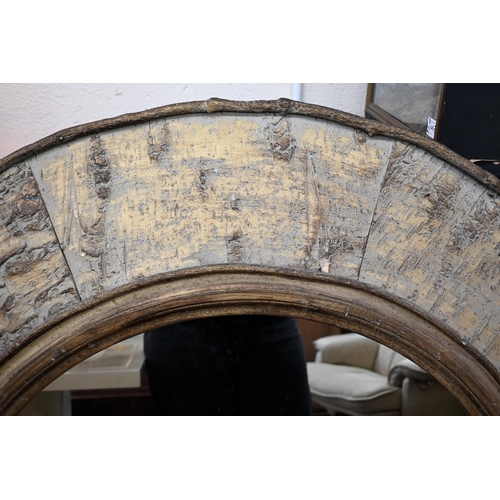 227 - A large circular wall mirror in gilt faux-bois frame, 120 cm diam to/w another modern cushion frame ... 