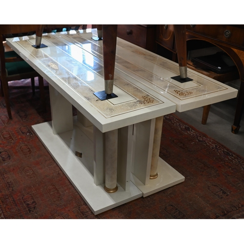 230 - A pair of simulated marble Italian style console tables with classical column supports, 150 x 38 x 7... 