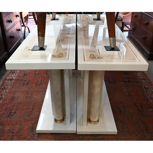 230 - A pair of simulated marble Italian style console tables with classical column supports, 150 x 38 x 7... 