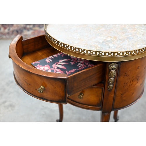 242 - A French Louis XV style walnut veneered marble top night-stand with pierced brass gallery and two dr... 