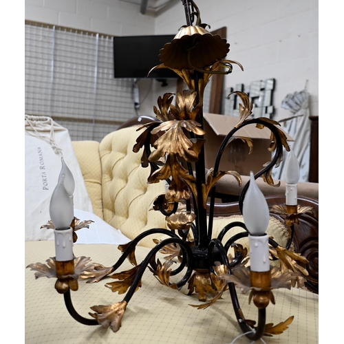 245 - A six-branch foliate chandelier/electrolier, black wrought iron with gilt leaves, 50 cm high