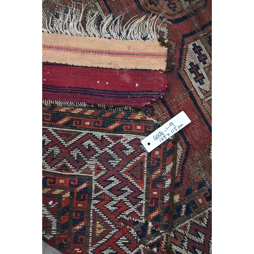 251 - Four old worn Persian rugs - Turkoman with repeat gul design on red ground, 165 x 115 cm; Balouch 15... 