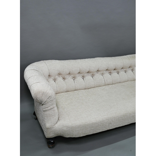 275 - A traditional button back upholstered sofa circa 1900,200 cm x 78 cm x 66 cm h, missing one  castor... 