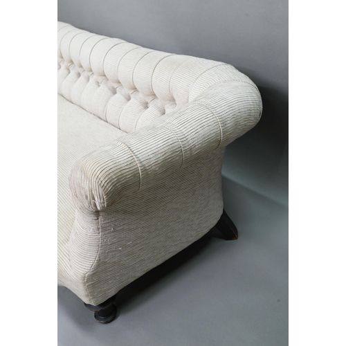 275 - A traditional button back upholstered sofa circa 1900,200 cm x 78 cm x 66 cm h, missing one  castor... 