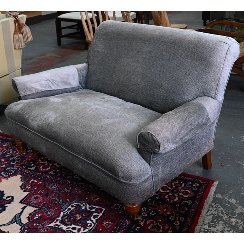 278 - A contemporary Victorian style grey loose covered two seat sofa, 130 cm w x 97 cm deep, a/f