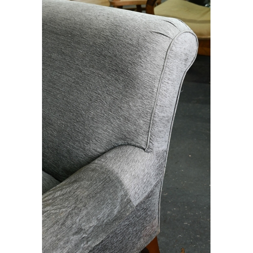 278 - A contemporary Victorian style grey loose covered two seat sofa, 130 cm w x 97 cm deep, a/f