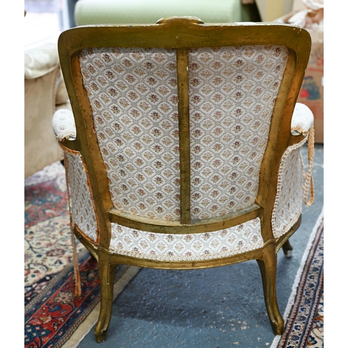 280 - An old Continental gilt frame salon armchair with patterned fabric upholstery