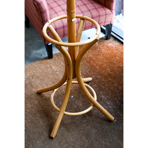 294 - A Thonet style beech bentwood hall stand with six scrolling coat/hat hooks, 185 cm high