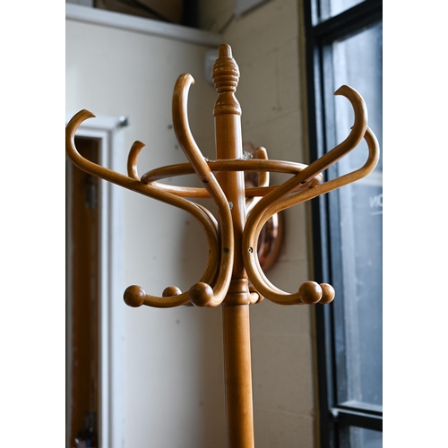 294 - A Thonet style beech bentwood hall stand with six scrolling coat/hat hooks, 185 cm high