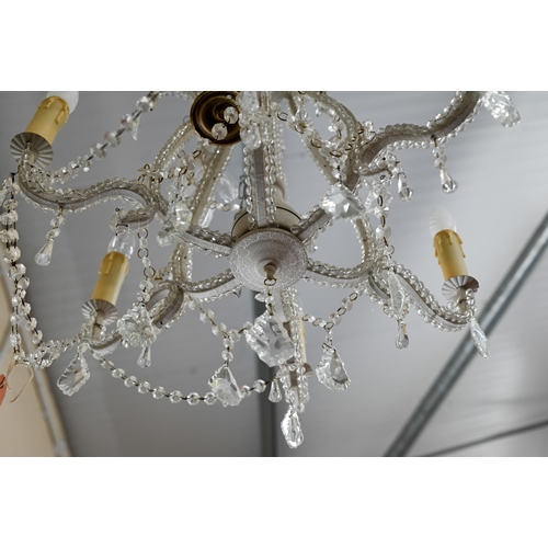 298 - A Continental six branch painted metal electrolier chandelier hung with facetted glass drops, approx... 