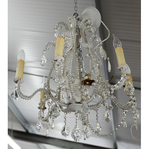 298 - A Continental six branch painted metal electrolier chandelier hung with facetted glass drops, approx... 