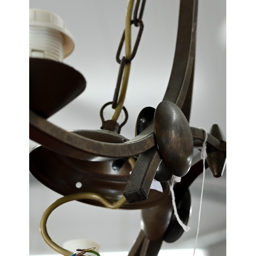 299 - # A bronzed metal three branch electrolier/chandelier, approx 50 cm high