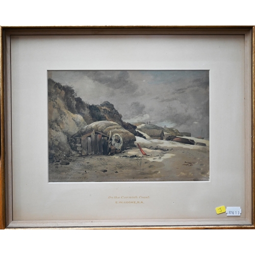 303 - Five Victorian watercolours - E W Cooke - 'On the Cornish Coast', signed and dated 1865, 17 x 25 cm;... 