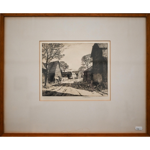 307 - Etchings - C H Spencer - Sicilian farm and Buckinghamshire farm, 18 x 21 cm and 18 x 22 cm to/w Cher... 