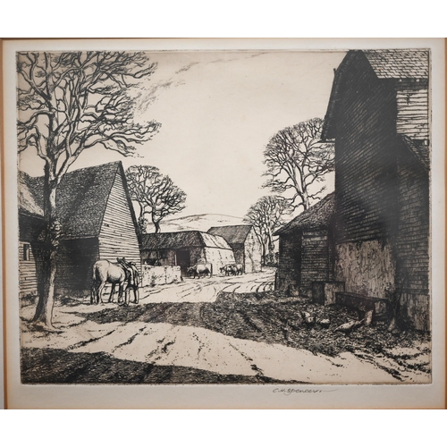 307 - Etchings - C H Spencer - Sicilian farm and Buckinghamshire farm, 18 x 21 cm and 18 x 22 cm to/w Cher... 