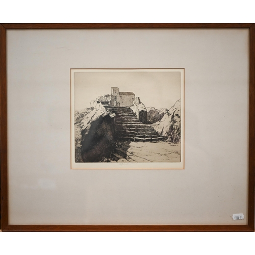 307 - Etchings - C H Spencer - Sicilian farm and Buckinghamshire farm, 18 x 21 cm and 18 x 22 cm to/w Cher... 