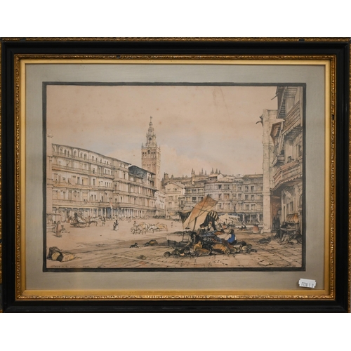 308 - Two lithograph of Spanish city scenes Madrid and Seville, 25.5 x 36 cm (2)