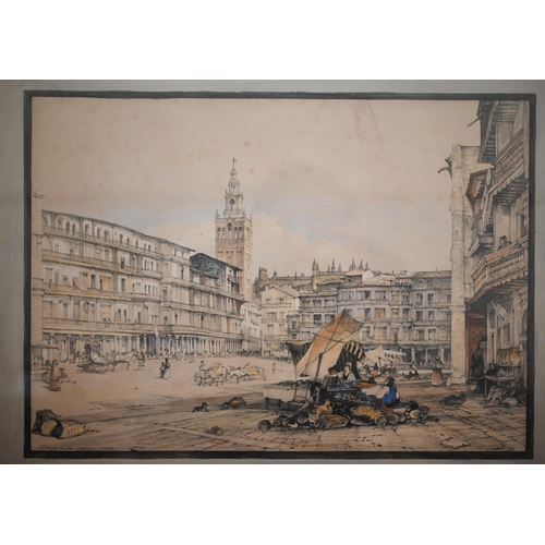 308 - Two lithograph of Spanish city scenes Madrid and Seville, 25.5 x 36 cm (2)