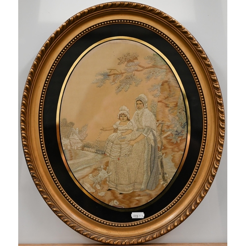 313 - A 19th century Continental silkstitch picture of a mother and child feeding chicks, 31 x 23 cm and a... 