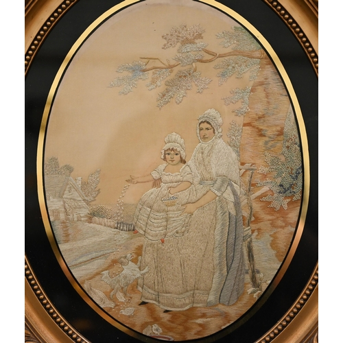 313 - A 19th century Continental silkstitch picture of a mother and child feeding chicks, 31 x 23 cm and a... 