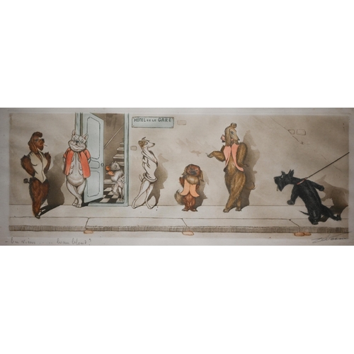 318 - After Boris O'Klein - a set of four French humorous dog prints, each pencil signed and inscribed, 21... 