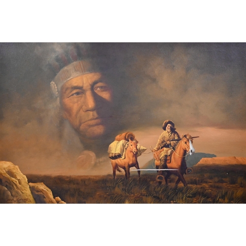 324 - H K Kang - Two Native American portrait/figurative studies, oil on canvas, signed, 60 x 90 cm (2)