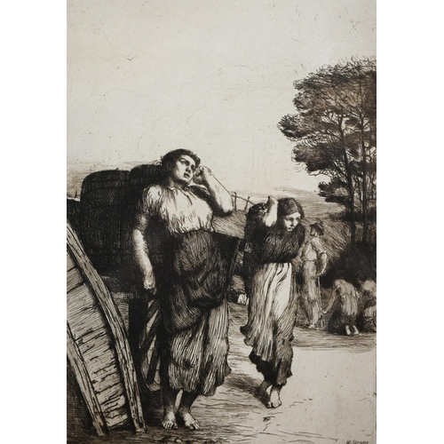 348 - After William Strang (1859-1921) - Potato lifting, etching, 25 x 17.5 cm to/w small silkwork study o... 