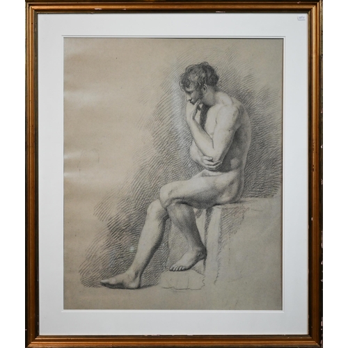 351 - A Cubist-style study of a seated man 'The thinker', oil on board, 72 x 48 cm to/w print of thinker i... 