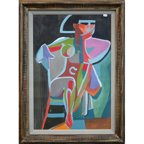 351 - A Cubist-style study of a seated man 'The thinker', oil on board, 72 x 48 cm to/w print of thinker i... 