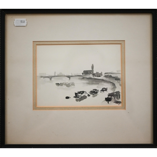 354 - Sybil Muir - 'The Embankment, Fulham', 1962, ink and wash, signed with initials, 12 x 16 cm;  black ... 