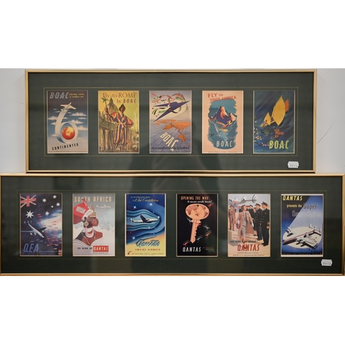 366 - A set of three framed postcard sets relating to Quantas and BOAC airlines, to/w a small poster print... 