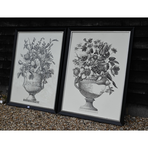 373 - Two large furnishing prints of flowers in urns, 119 x 89 cm (one without glass) (2)